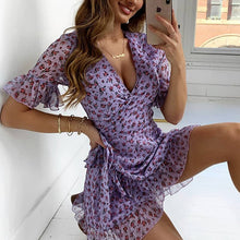 Load image into Gallery viewer, Women Lilac Floral Wrap Dress Summer Elegant Flare Sleeve Boho Print Mini Sundress Sexy V Neck Ladies Clothes 2020