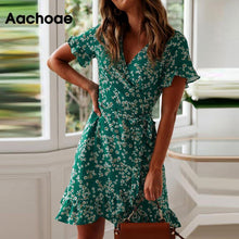 Load image into Gallery viewer, Aachoae Women Dresses Summer 2020 Sexy V Neck Floral Print Boho Beach Dress Ruffle Short Sleeve A Line Mini Dress Sundress Robe