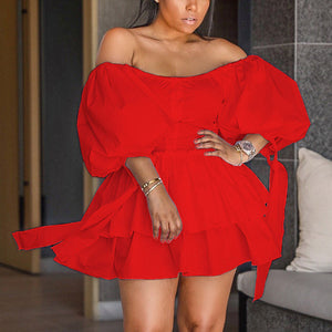 Women Solid Slash Neck Half Sleeve Mini Dress Casual Summer Fall Chic Sweet Dress Streetwear Party Dresses