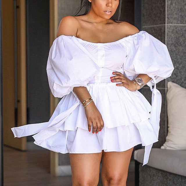 Women Solid Slash Neck Half Sleeve Mini Dress Casual Summer Fall Chic Sweet Dress Streetwear Party Dresses
