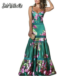 2019 Women Floral Print A-Line Dress Female Elegant V-Neck Spaghetti Strap Party Dress Ladies Slim Ankle-Length Dresses Vestidos