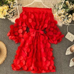 Spring Elegant Dress Fashion Dimensional Three Quarter Bubble Sleeve Flower Closing Waist Slash Neck Vestidos Lace Bandage Dress