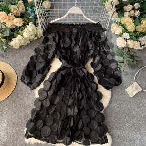 Spring Elegant Dress Fashion Dimensional Three Quarter Bubble Sleeve Flower Closing Waist Slash Neck Vestidos Lace Bandage Dress