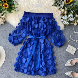 Spring Elegant Dress Fashion Dimensional Three Quarter Bubble Sleeve Flower Closing Waist Slash Neck Vestidos Lace Bandage Dress