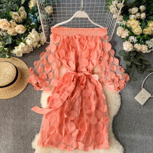 Load image into Gallery viewer, Spring Elegant Dress Fashion Dimensional Three Quarter Bubble Sleeve Flower Closing Waist Slash Neck Vestidos Lace Bandage Dress
