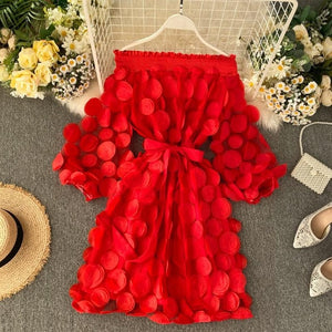 Spring Elegant Dress Fashion Dimensional Three Quarter Bubble Sleeve Flower Closing Waist Slash Neck Vestidos Lace Bandage Dress