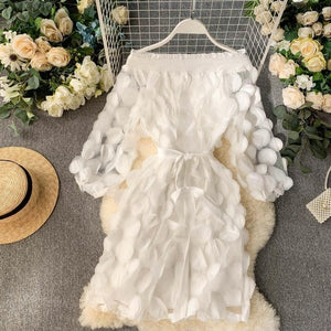 Spring Elegant Dress Fashion Dimensional Three Quarter Bubble Sleeve Flower Closing Waist Slash Neck Vestidos Lace Bandage Dress
