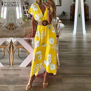 ZANZEA 2020 Elegant Floral Maxi Dress Women's Sundress Summer Sexy V Neck Short Sleeve Long Vestidos Female print Robe Femme 5XL
