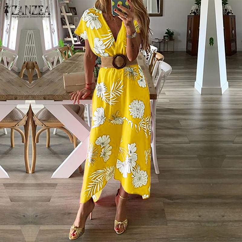 ZANZEA 2020 Elegant Floral Maxi Dress Women's Sundress Summer Sexy V Neck Short Sleeve Long Vestidos Female print Robe Femme 5XL