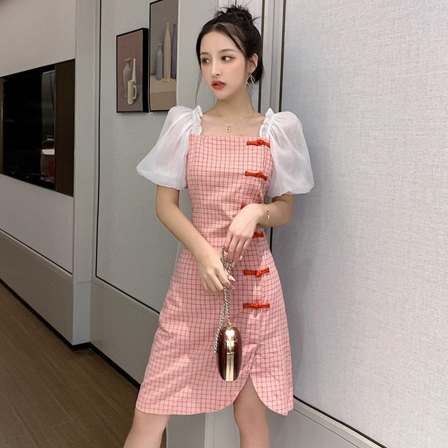 Korea Retro Dress Women Fashion Slim cheongsam Plaid Party Dresses Lady Summer Package Hip Split Bodycon Dress Vestidos