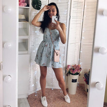 Load image into Gallery viewer, 2019 nuevo vestido de mujer dulce verano Casual moda dibujo bohemio Correa fina sin mangas vestido negro para mujeres
